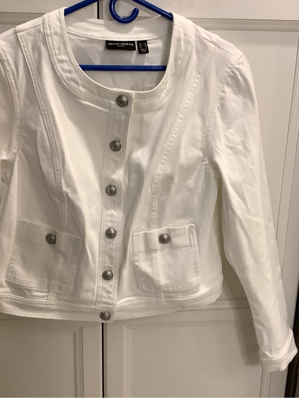 Susan Graver White Round-Neck Button Jean Jacket